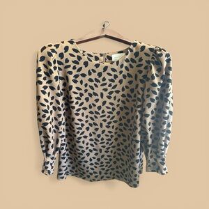 MELLODAY Tan Blouse with Black Leaf Print and Puff Sleeves Cheetah Animal Print